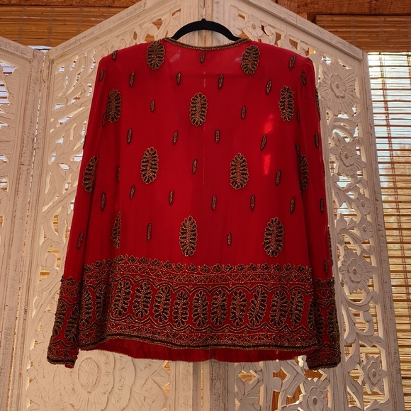 Glamorous red silk  embellished Silk women’s vintage jacket-Medium - Picture 13 of 16